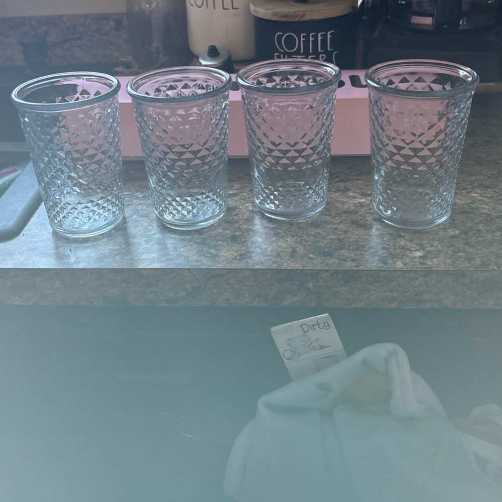 4 Vintage Anchor Hocking Clear Glass Diamond Quilt 16Oz Tumblers 5.5" Rolled Lip